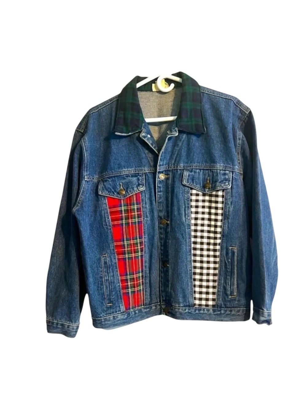 Patchwork Denim Jacket with Plaid Accents